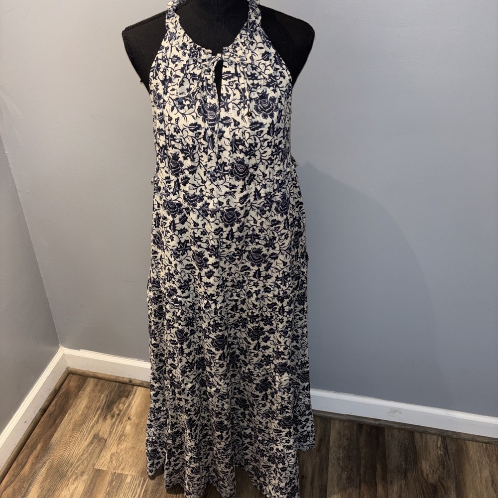House of Harlow 1960‎ Halter Tiered Maxi Dress Ivory  Blue Floral Women's SzM